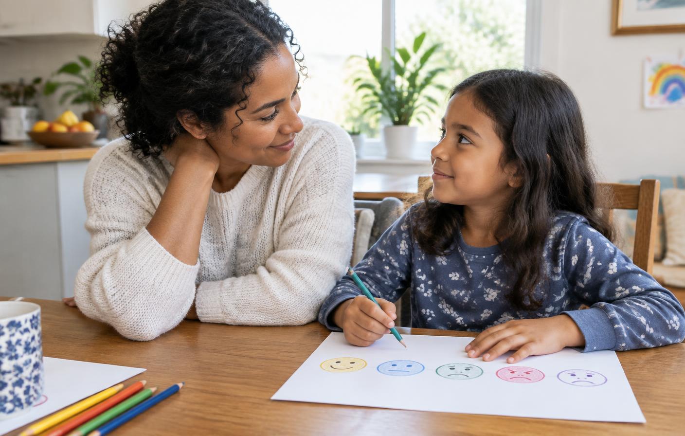 A parent and school-age child using simple emotion faces to talk about feelings