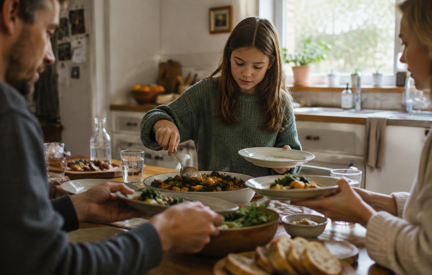A pre-teen serving themselves dinner at a family table in a bright kitchen