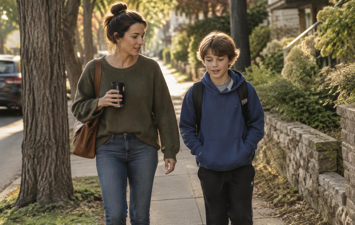 A parent and pre-teen walking side by side on the sidewalk, mid-conversation