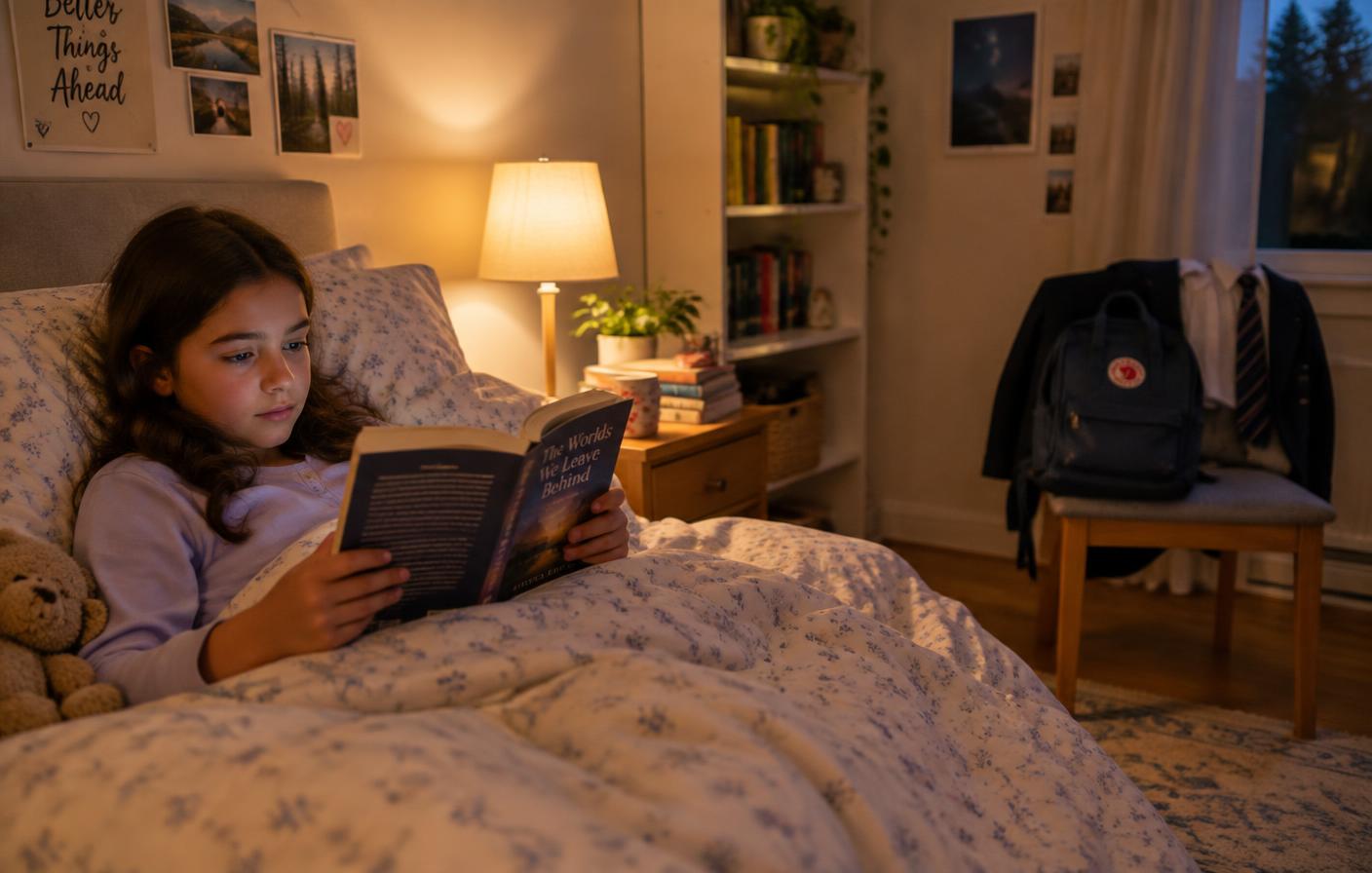 A pre-teen reading in bed under warm lamp light, backpack ready by the door