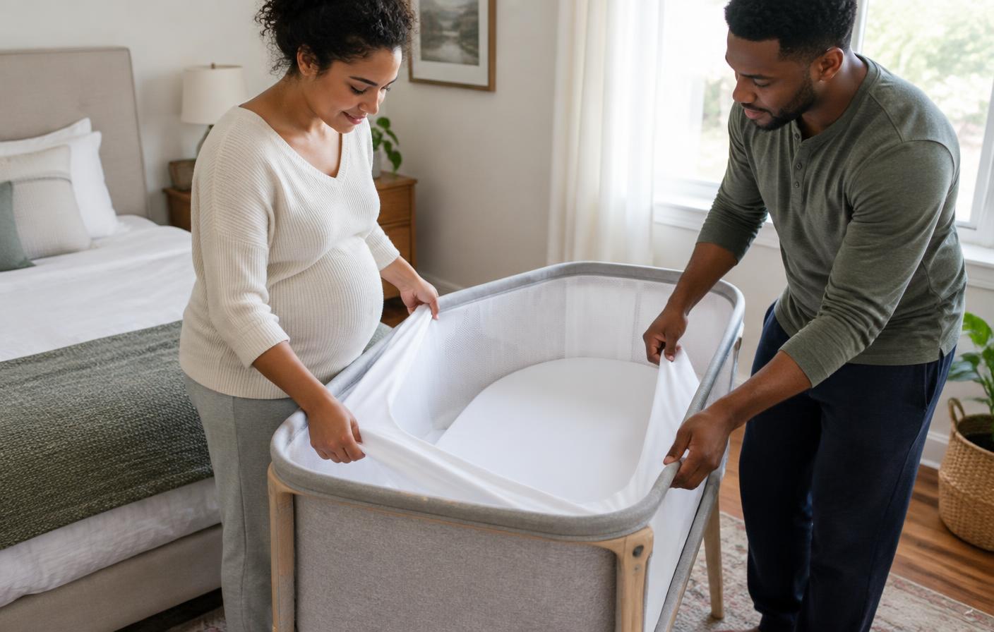 Expecting parents preparing an empty bassinet with a firm, flat sleep surface