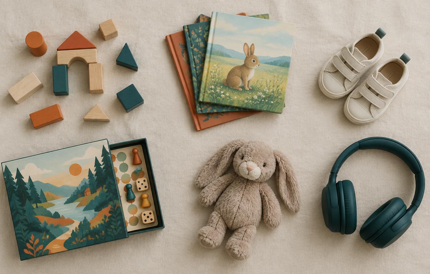 Overhead flat-lay of wooden blocks, picture books, toddler sneakers, a board game, a plush toy, and teal headphones on cream linen