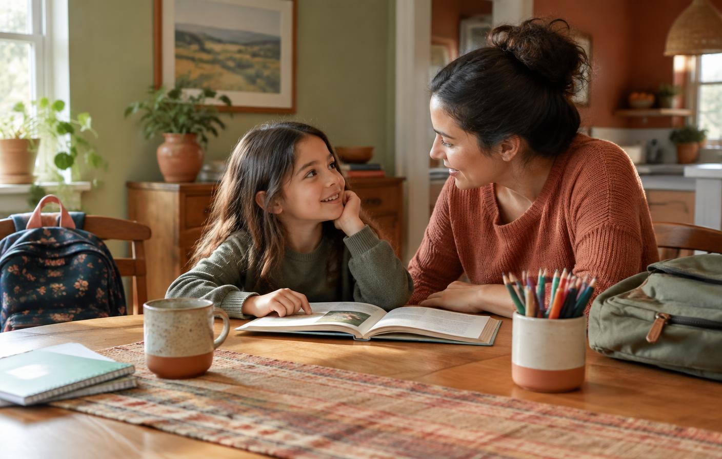 parent comforting a school-age child at home, bright natural light, no staged medical props