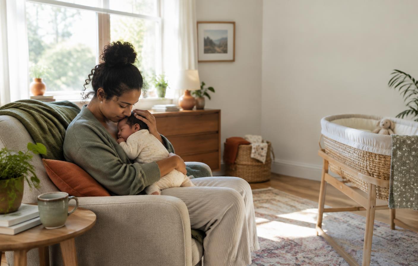 A parent gently soothing their newborn at home