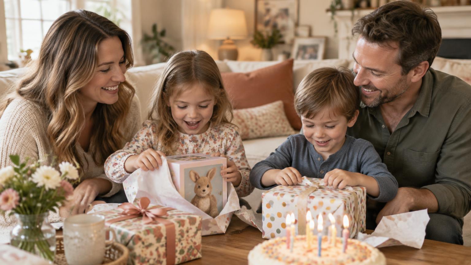 Family watching their children open birthday gifts