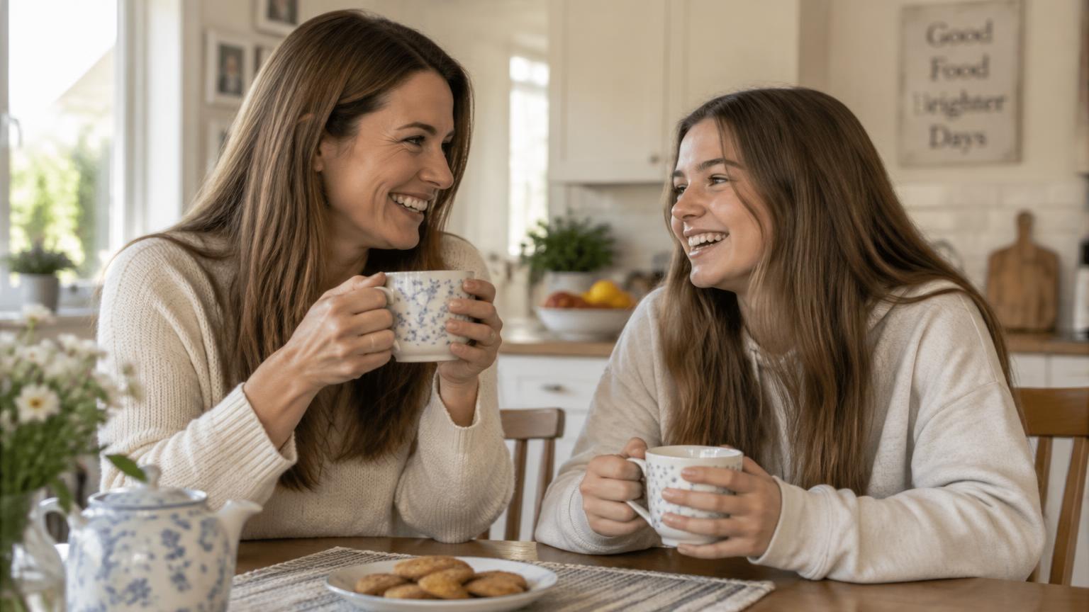 Mother and teen daughter laughing over tea at the kitchen table
