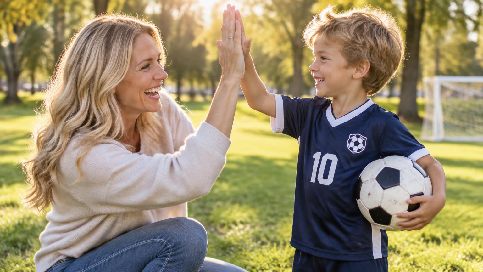 Mother high-fiving her son holding a soccer ball in the park