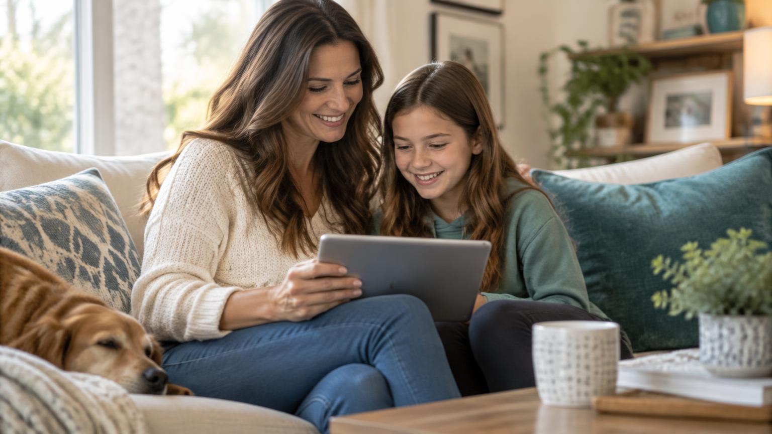 Mother and pre-teen daughter looking at a tablet together on the sofa